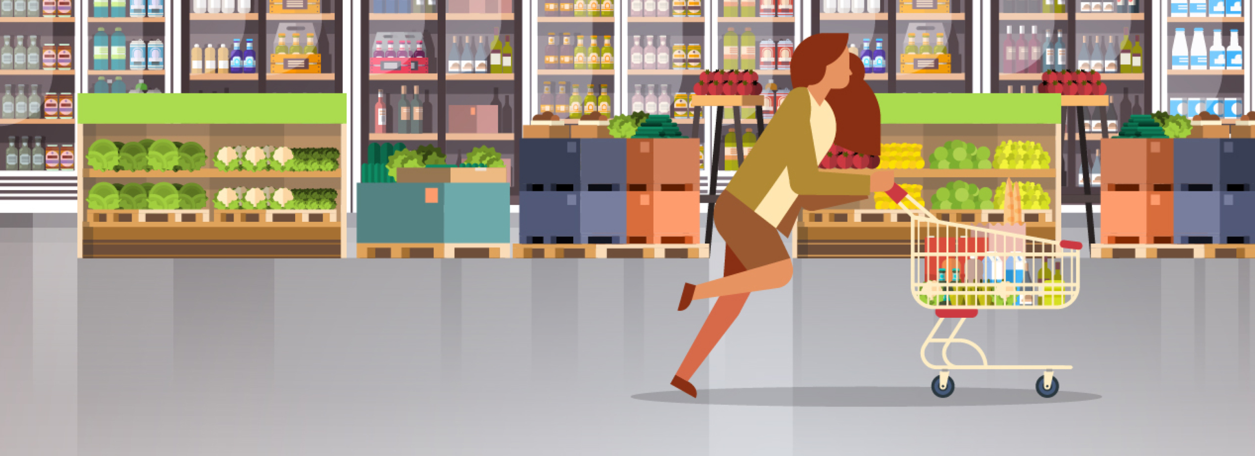 Woman pushing shopping cart through grocery store